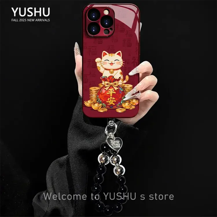 招财猫适用苹果vivo华为oppo小米iPhone17电镀玻璃网红创意手机壳