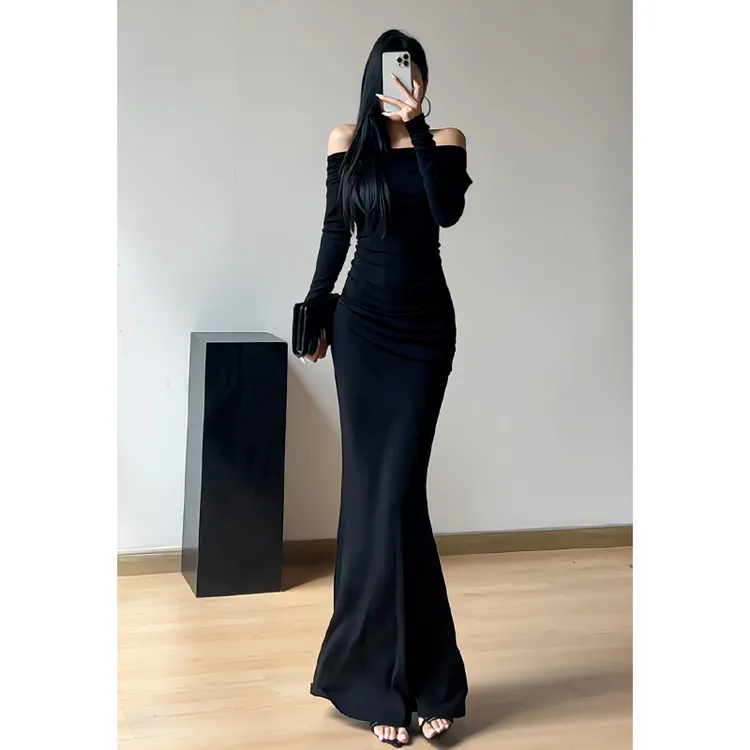 法式优雅露肩斜领/一字领连衣裙女秋冬新款气质包臀鱼尾裙250894