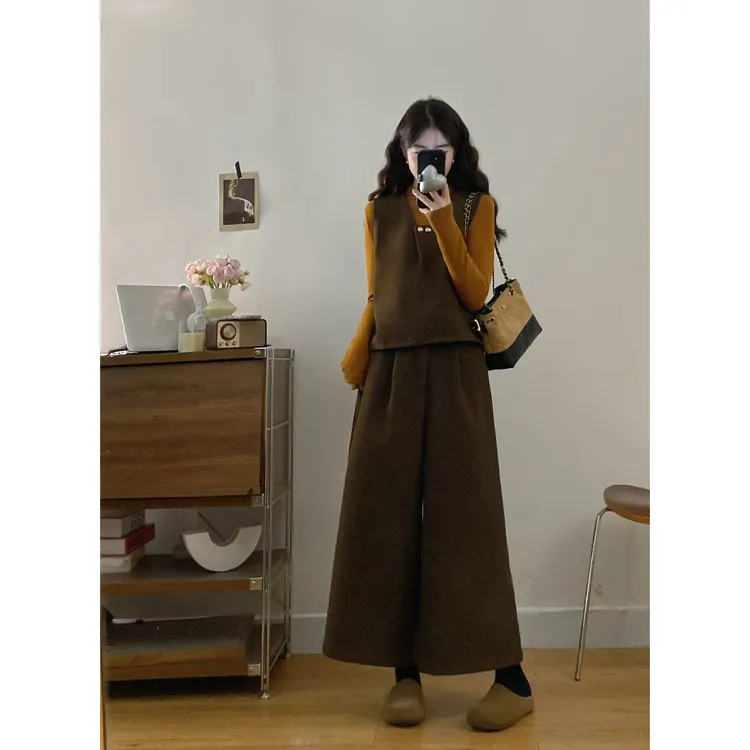 MO88ZSPF大码女装胖mm新款秋冬长袖打底简约马甲假阔腿裤三件套