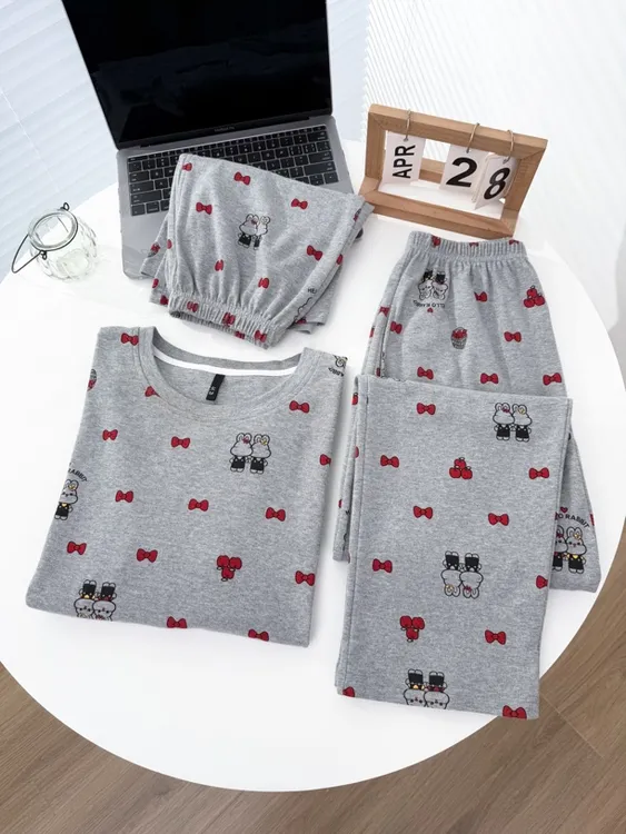 女士夏季带胸垫短袖长裤短裤睡衣灰色兔子可爱可外穿家居服睡衣