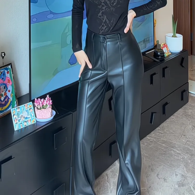跨年款复古窄版阔腿皮裤-（达）