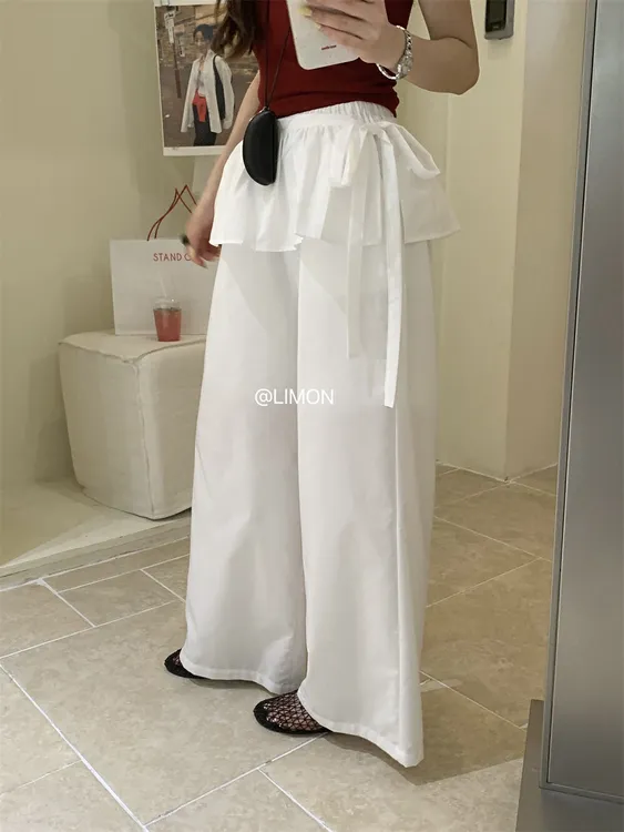 万能百搭白裤子遮胯显腰细阔腿休闲裤 韩系花边(配可拆卸屁帘)