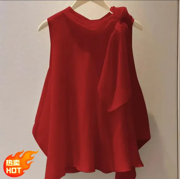 漂亮洋气高端别致小衫法式上衣红色无袖蝴蝶结衬衫女2025新款宽松