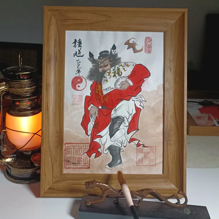 钟馗朱砂画像挂画水墨画钟馗护子图镇邪客厅装饰画尺寸钟馗画像