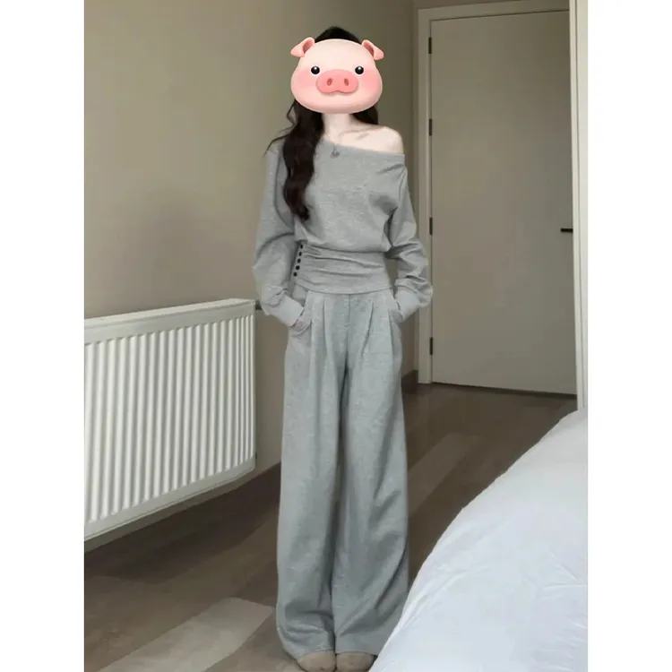 韩系风格穿搭一整套休闲洋气时尚减龄灰色斜肩卫衣阔腿裤两件套装