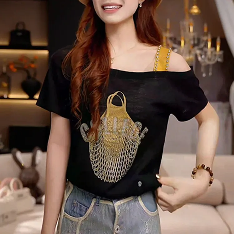 法式休闲时尚露肩印花短袖t恤女2025夏季新款设计感宽松显瘦上衣