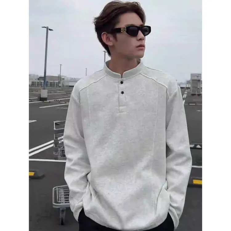 【帝韵】美式亨利领长袖T恤男秋季穿搭新款情侣解构正肩拼接上衣