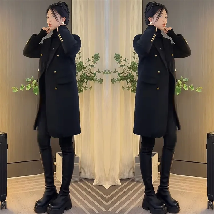 新款宽松型加棉加厚中长款西装领大码毛呢外套标准女半开领秋冬