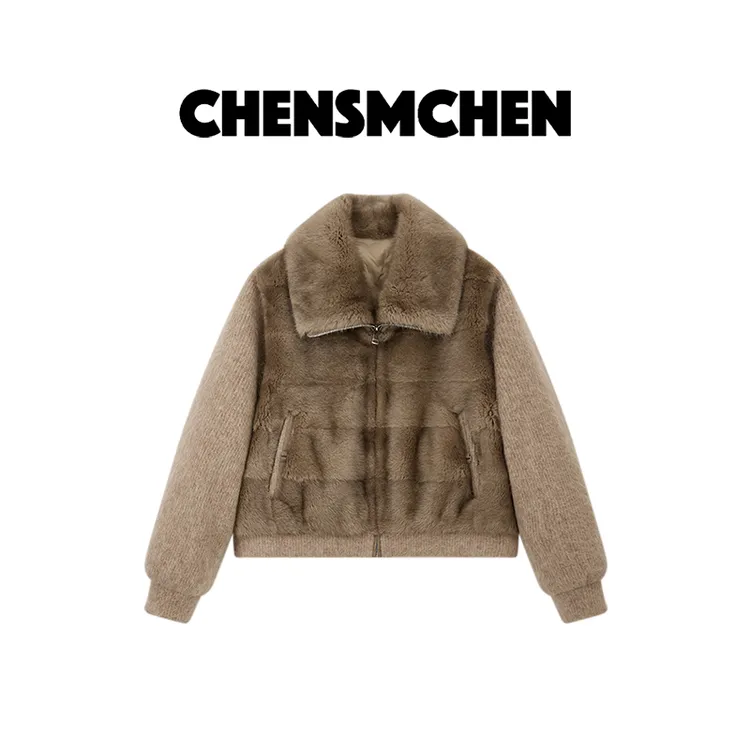 CHENSMCHEN时尚拼接青根貂针织鹅绒外套女气质百搭上衣CSY11044SL
