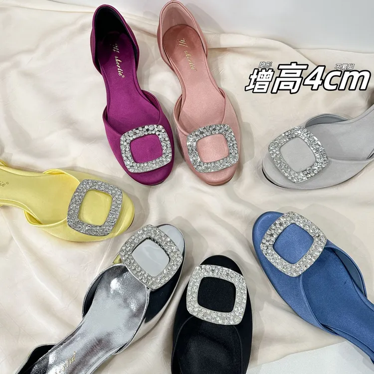 羊皮版~4cm内增高方扣水钻中空单鞋小个子平底女鞋浅口方头凉鞋