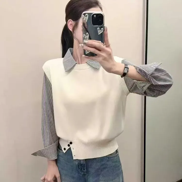 韩系气质假两件毛衣女秋冬新款拼接条纹短款衬衫领针织衫百搭上衣