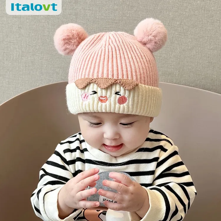 婴幼儿秋冬毛线帽子可爱保暖毛球护耳帽男女宝宝新年大红秋冬加厚