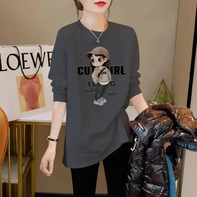 春秋新上衣宽松中长款圆领纯棉大码遮屁股小个子夏季长袖t恤女ins