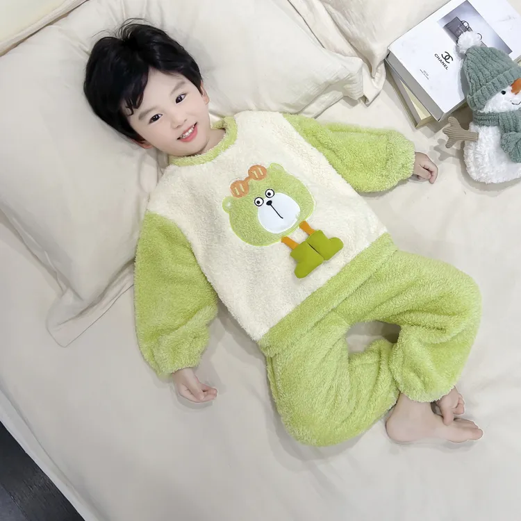 儿童睡衣男童秋冬季新款珊瑚绒加厚宝宝半边绒男孩卡通家居服套装