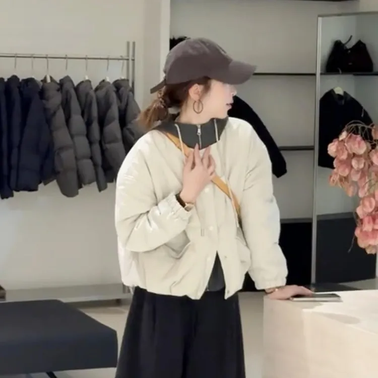 韩系假两件连帽棉服女2025冬季新款休闲小个子短款加厚保暖外套潮