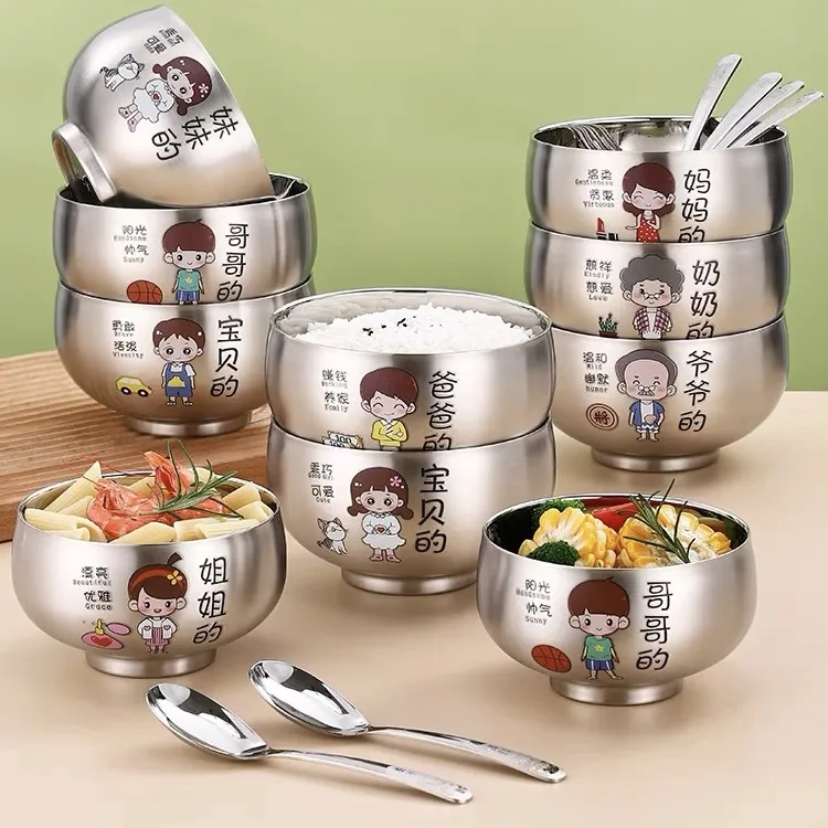 304家用饭碗加厚双层防烫碗不锈钢饭碗隔热碗分餐碗儿童吃饭碗