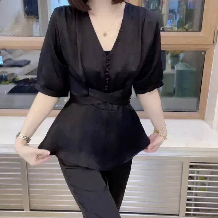 轻熟风时尚收腰九分裤短袖上衣套装修身显瘦洋气舒适气质休闲百搭