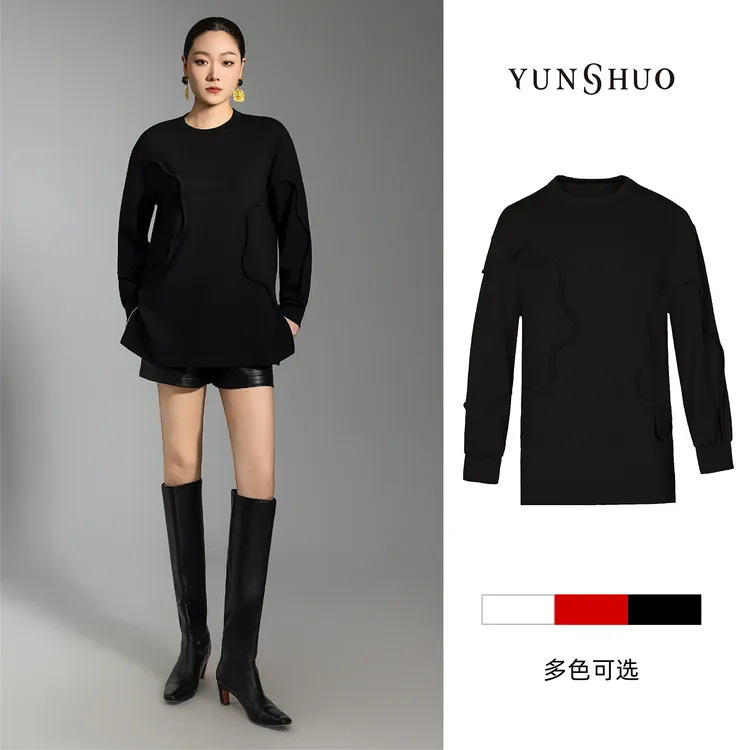 允硕新品时尚百搭气质休闲圆领拼接宽松女休闲纯色套头上衣349599