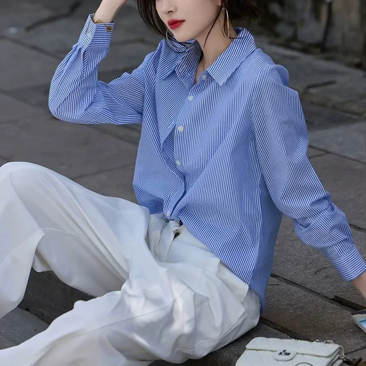 小众设计感蓝色宽松polo领条纹显瘦复古减龄休闲衬衫秋季新款衬衣