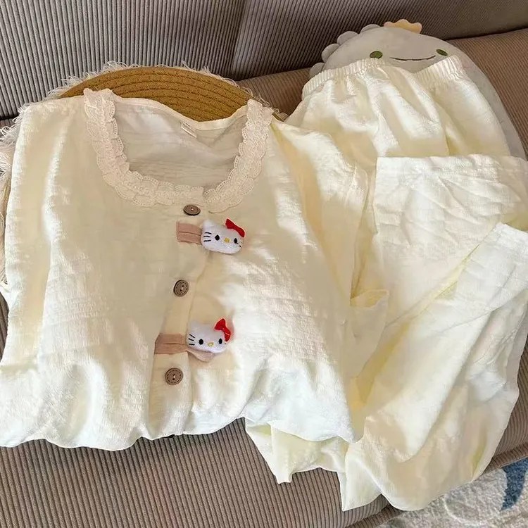 带胸垫睡衣女春秋季新款云朵棉长袖甜美可爱KT猫可外穿家居服套装