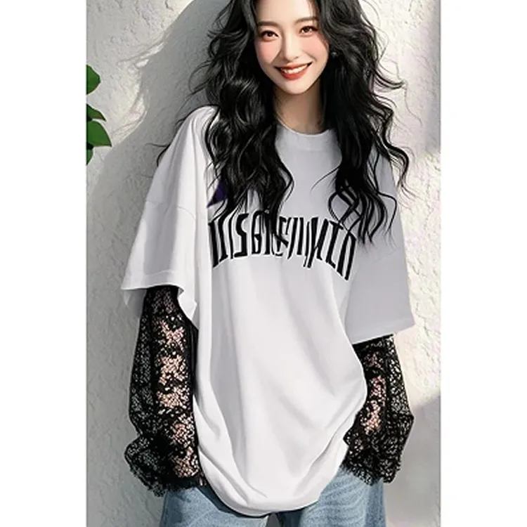 2025夏韩式爆款白色蕾丝拼接假两件长袖T恤女高级感百搭个性上衣