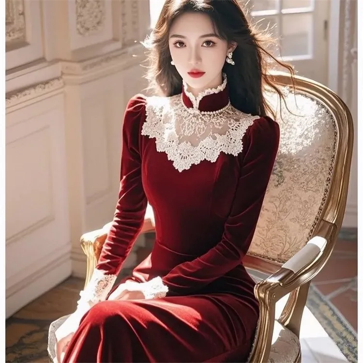 正式场合安可拉红色丝绒连衣裙女2025秋季小香风洋气高贵打底长裙