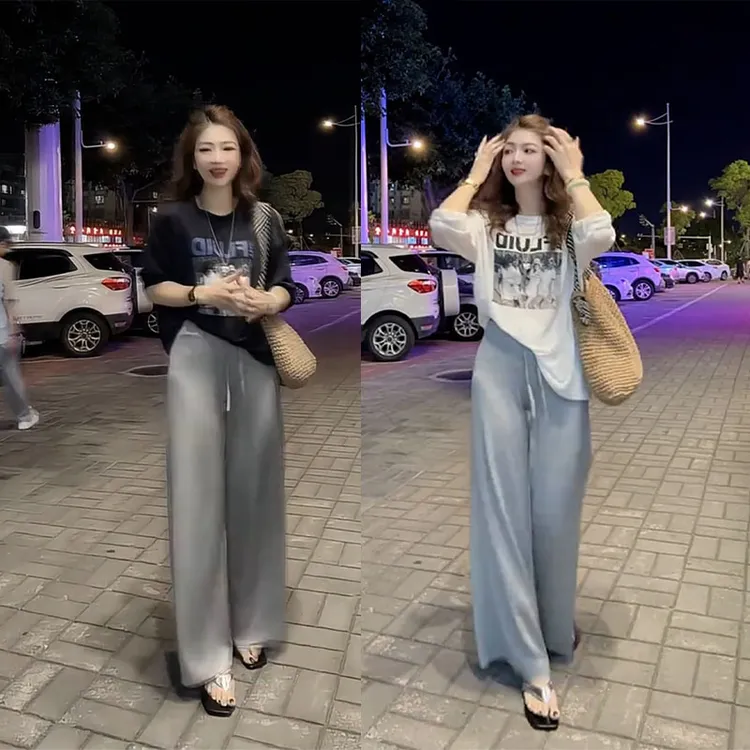 韩系高级感休闲套装夏季巨好看宽松印花短袖T恤休闲阔腿裤两件套