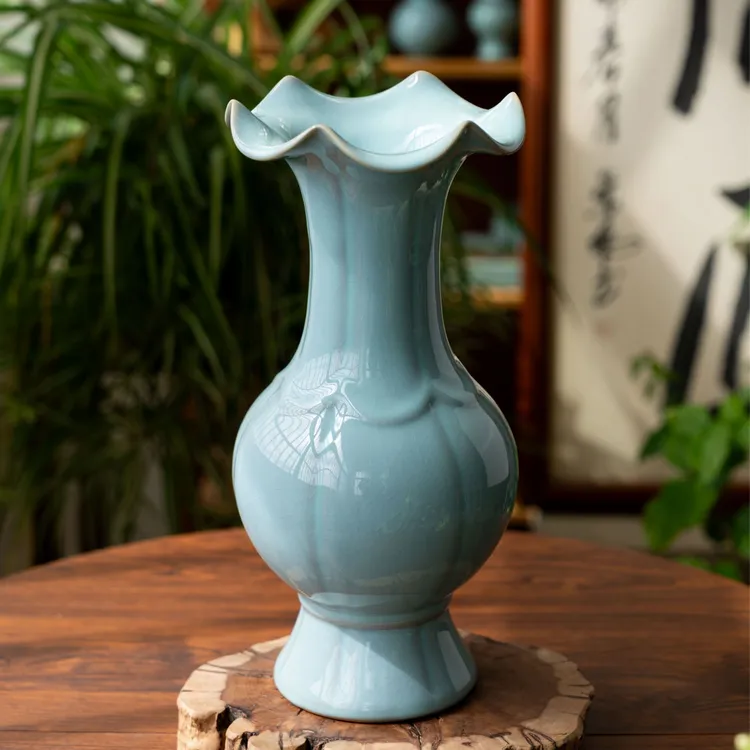 国非遗玉松汝瓷天青荷口瓶汝州市标瓶汝窑摆件