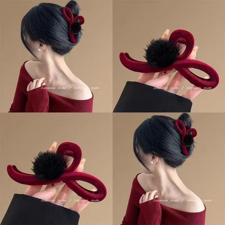 新年冬季毛毛抓夹新款红色高级丝绒鲨鱼大号夹子头饰后脑勺发夹女