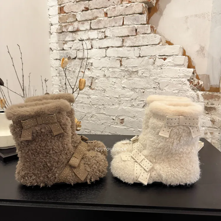 厚底白色毛绒雪地靴女2025冬季新款蝴蝶结加绒保暖厚底短靴毛毛靴