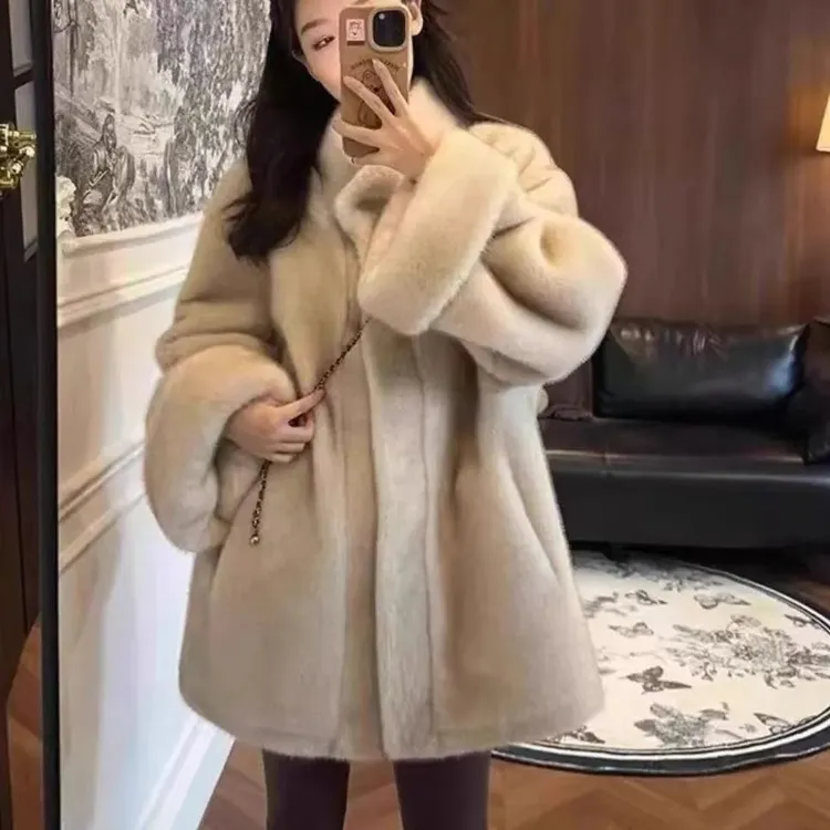 水貂毛绒中长款立领皮毛一体韩版挽袖中古双色皮草冬季毛毛外套女