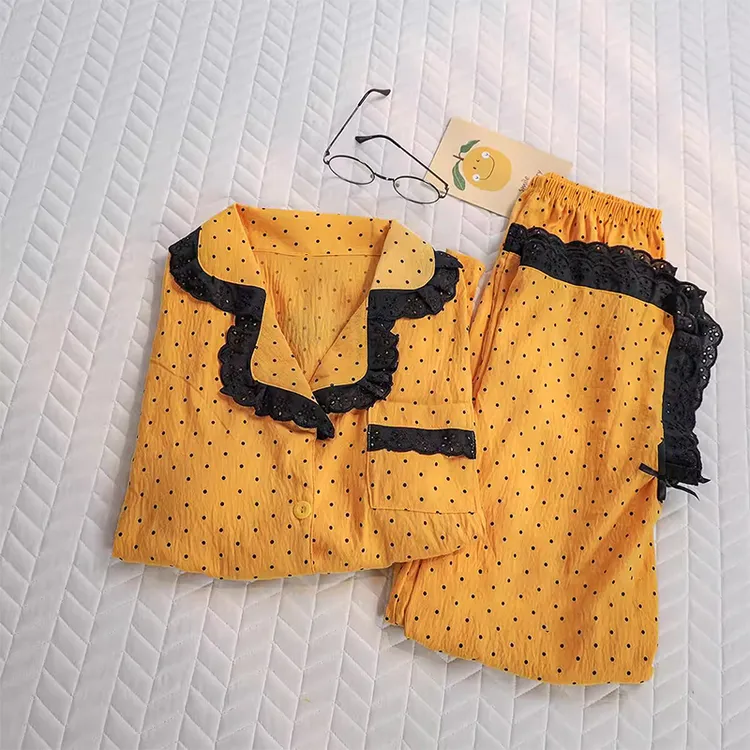【波点蕾丝】纯欲风甜美少女棉纱睡衣套装女春秋季新款长袖家居服