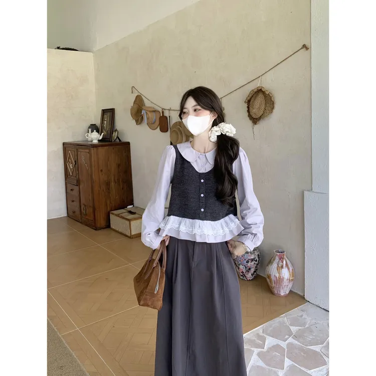 实拍实价~秋季新款韩系假两件宽松减龄娃娃领百搭拼接蕾丝衬衫