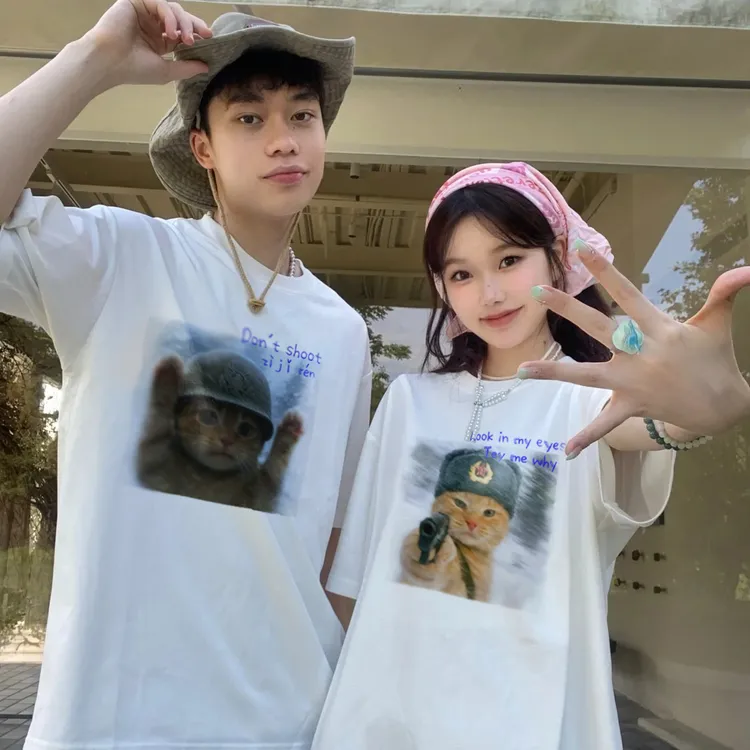 look in my eyes喵喵情侣装t恤短袖2025新款夏季不一样纯棉衣服