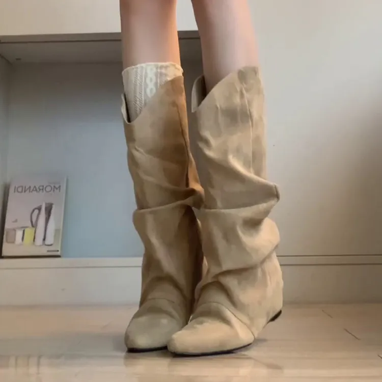 自留版~内增高尖头褶皱堆堆靴不过膝长靴女显瘦复古西部靴中筒靴