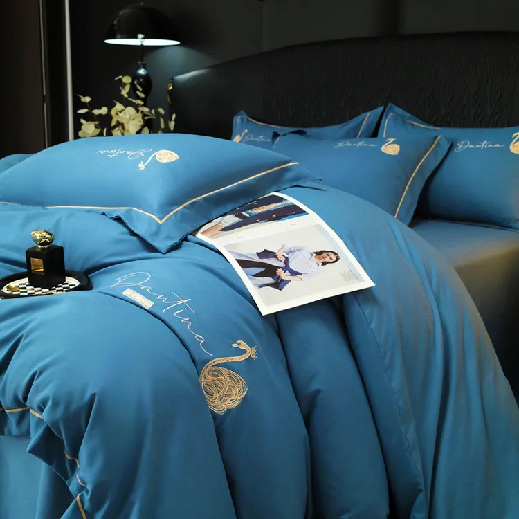 轻奢云朵水洗棉刺绣四件套AB双版拼色被套床单床笠床上用品3件套.