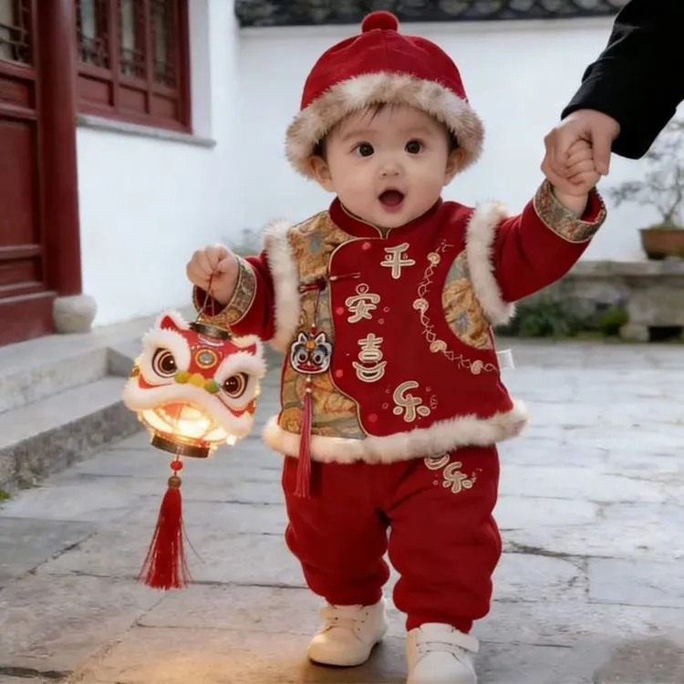 婴儿分体套装冬季宝宝喜庆拜年服周岁服儿童冬装中国风加厚新年装