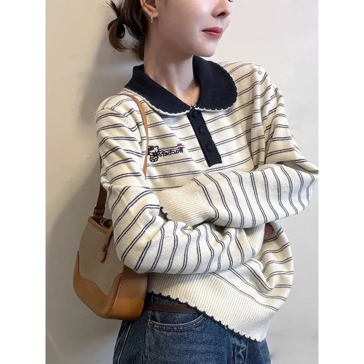 宽松显瘦【80-200斤】韩系POLO领条纹毛衣针织衫女秋冬洋气减龄上衣