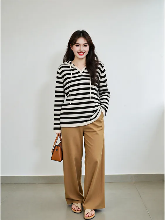 大码女装v领连帽衫女长袖条纹上衣2025秋胖mm宽松显瘦针织衫