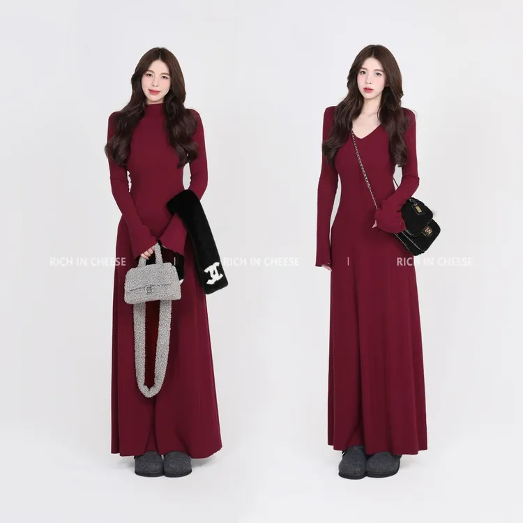 舒胡蕾 茶香可颂【系列合集】 秋冬长袖高弹针织显瘦百搭收腰连衣裙