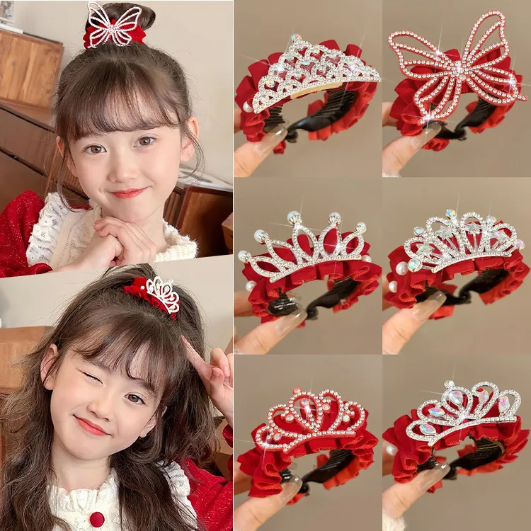 儿童新年皇冠头饰公主发夹女童丸子头马尾扣红色喜庆女孩过年发饰