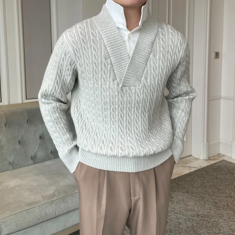 高端大V领拼接假两件针织衫男秋冬加厚美式复古麻花纹理休闲毛衣
