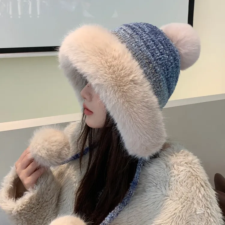 新款秋冬季保暖护耳雷锋帽女士防寒防风加绒加厚毛线帽子东北棉帽