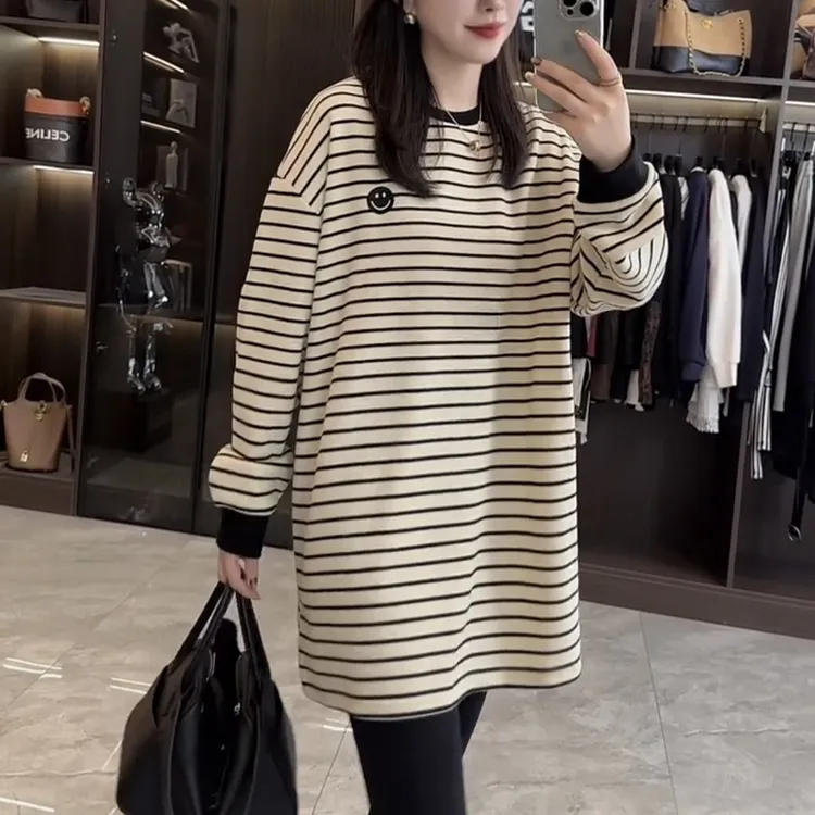 休闲落肩长袖条纹T恤拼接中长款百搭套头染色常规圆领