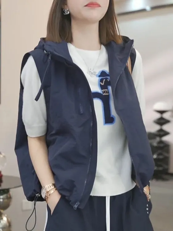 双拉链 韩版设计感连帽马夹女2025春季新款休闲百搭宽松工装上衣