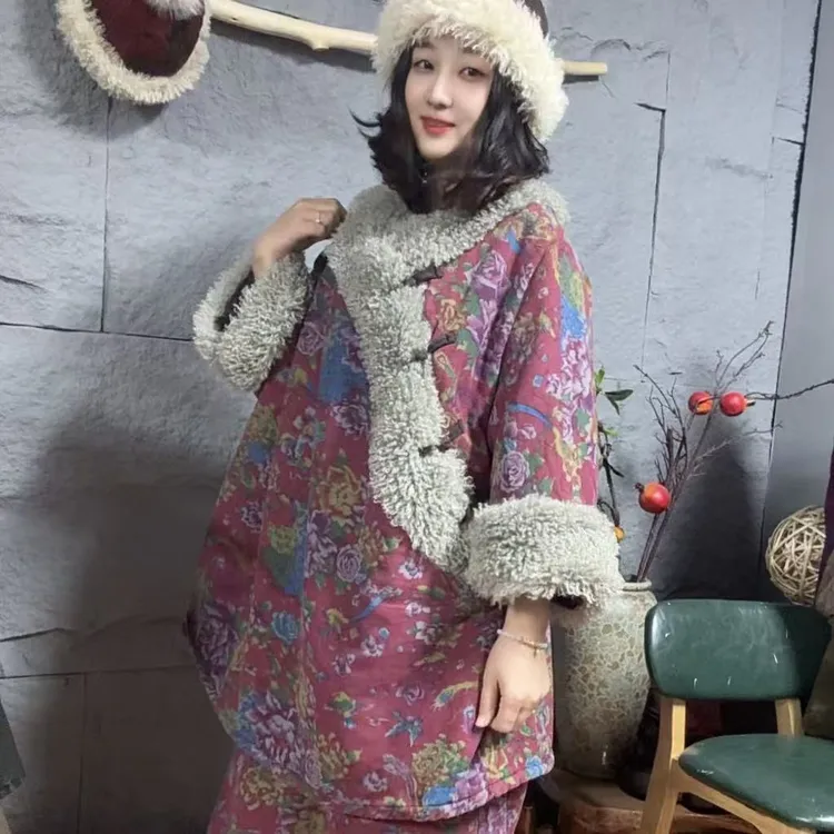 复古斜盘扣毛毛套装（衣长72胸围160裤长80三尺三）