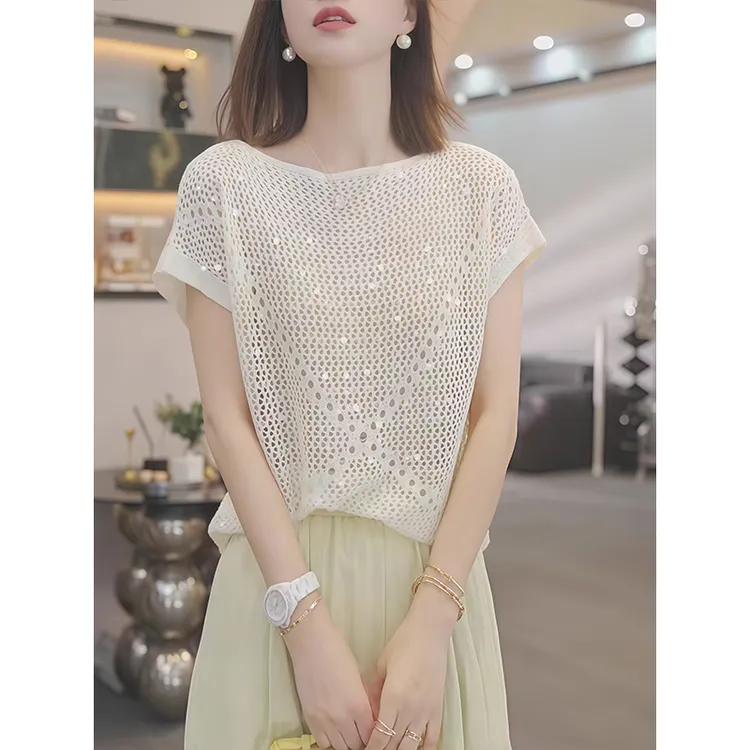 2025新款夏季轻奢亮片镂空薄款短袖针织衫女韩版洋气外搭罩衫T恤