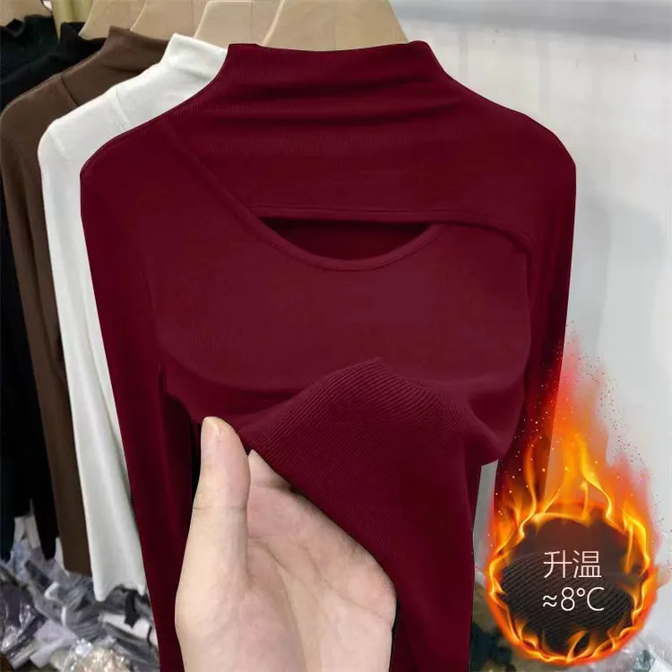 半高领新款修身T恤镂空女生秋冬加绒内搭打底衫黑色打底衫女加厚