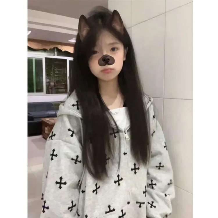 美式潮流oversize甜美卫衣女春秋季宽松情侣可爱小众拉链开衫外套