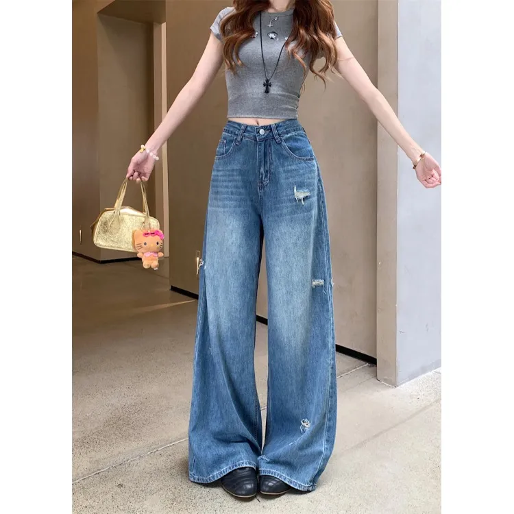 美式复古简约感阔腿牛仔裤女2025冬季显瘦猫须破洞直筒休闲老爹裤